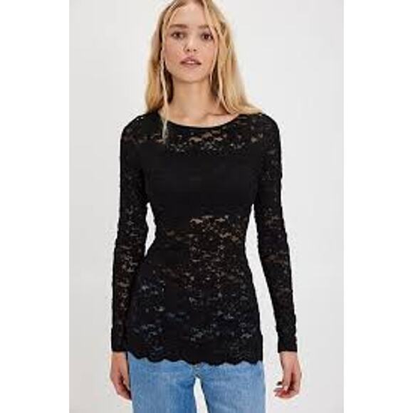 FREE PEOPLE Crochet Knit Top Size XS Back Button Cardigan ROMANTIC Black - Picture 1 of 5